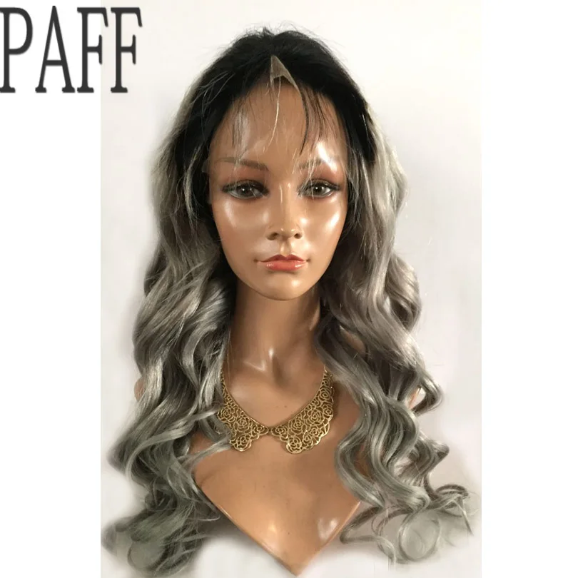 PAFF ombre glueless full lace wig Virgin hair Brazilian body silver grey human hair wig with