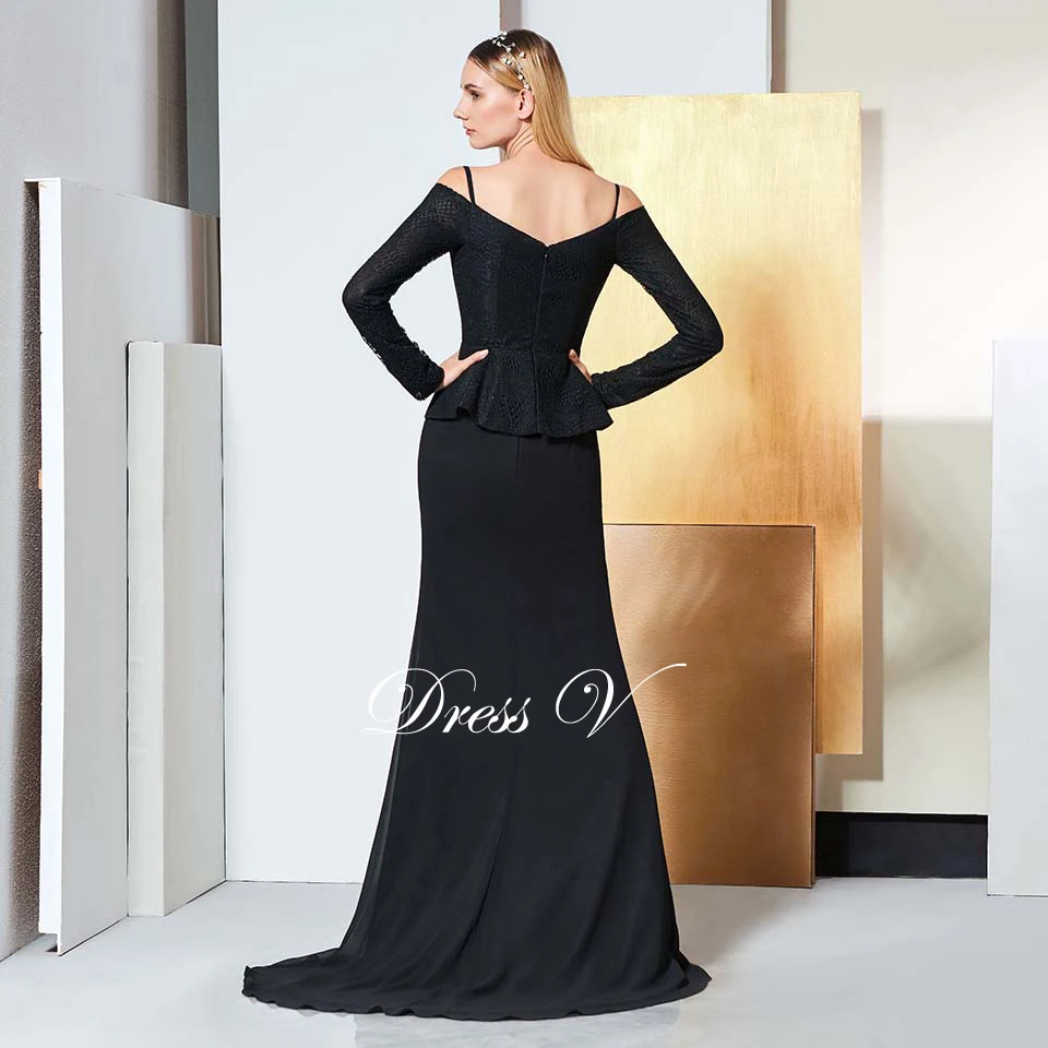 Dressv элегантные черные с длинными рукавами вечернее платье бретельках Кружева Свадебная вечеринка торжественное платье Русалка вечернее
