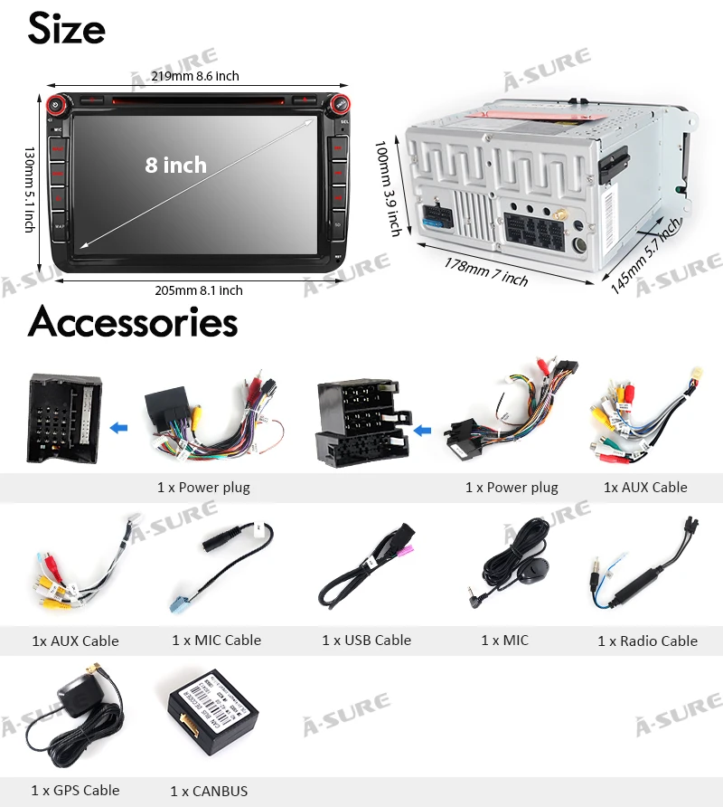 Sale A-Sure 8 Inch 2 Din Car Radio DVD Player Navi For Volkswagen VW Passat Skoda T5 Polo Sharan TOURAN TIGUAN GOLF 5 6 Skoda Seat 24