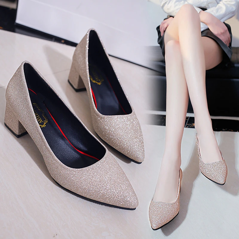 

2019 spring new silver pointed high heels thick with sequins shallow women's shoes single shoes pumps high-heeled shoes women