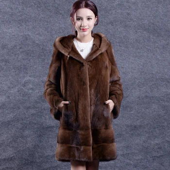 

2019 winter new whole fur mink coat women's long section fashion simple with hooded warm thick mink fur coat