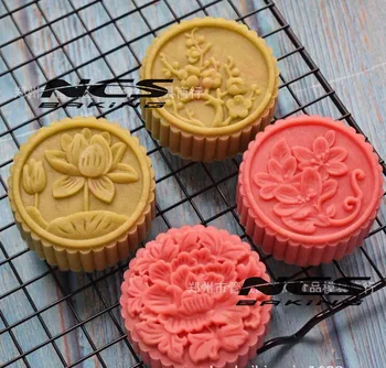 

100g round shape Chinese flower design Mooncake mung bean cake Molds mould with 4 Stamps plastic hand pressure , 50sets/lot