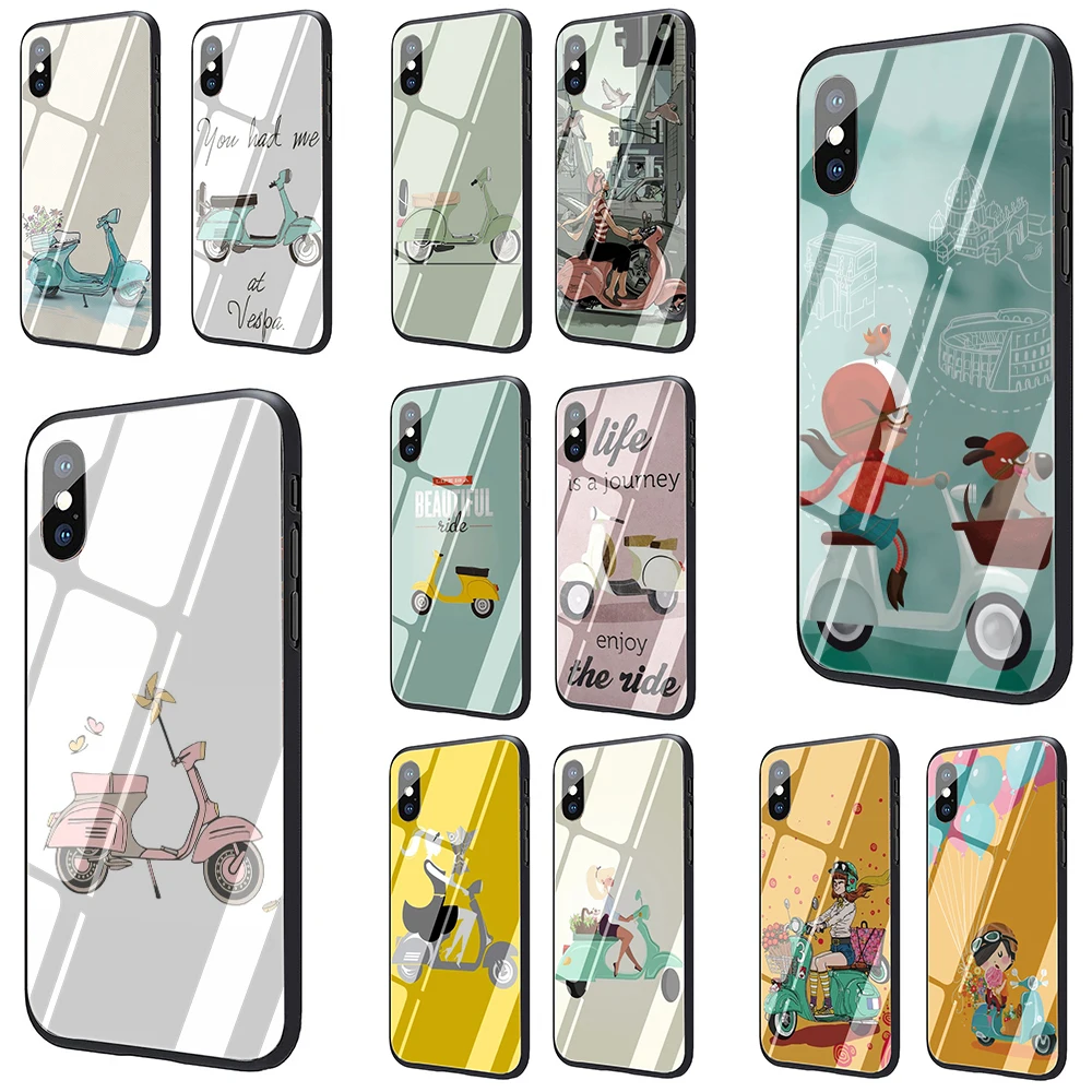 

Vespa Scooter Tempered Glass Phone Case for iphone 5 5S 6 6S 7 8 Plus X XR XS 11 pro Max