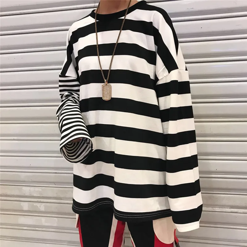 Streetwear Vintage Fashion Patchwork Stripe Long Sleeve Loose Tee T ...