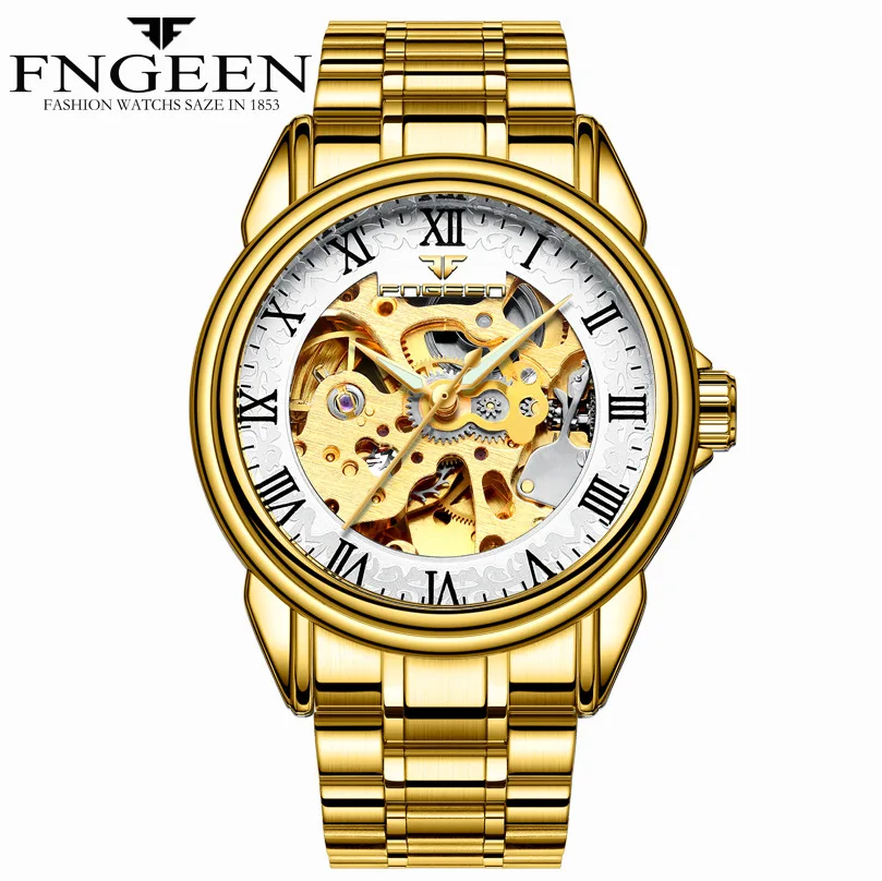 

FNGEEN Mens Gold Watch Automatic Skeleton Watch 5ATM Water Resistant Solid Stainless Steel Wrist Watch Luxury Mechanical Relogio