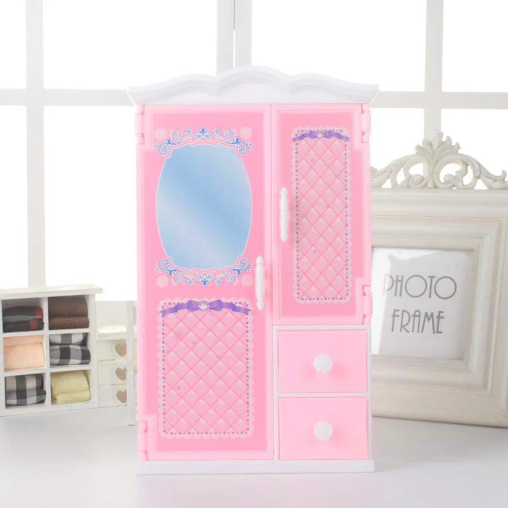 

Kids Mini Cute Pink Plastic Wardrobe Closet Cabinet Model Doll House Bedroom Furniture Dollhouse Accessories for Barbie Toys
