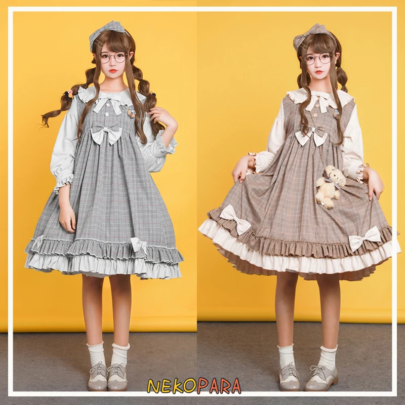 

Miss Owl Cute Women's Lolita OP Dress Solid Plaid Dress Ruffled Collar Bows Trim One Piece Color Khaki&Grey Sweet