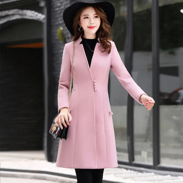 Верхняя одежда Пальто осень зима женское Шерстяное Пальто однобортное Длинное Элегантное женское пальто женская верхняя одежда цвета хаки - Цвет: Розовый