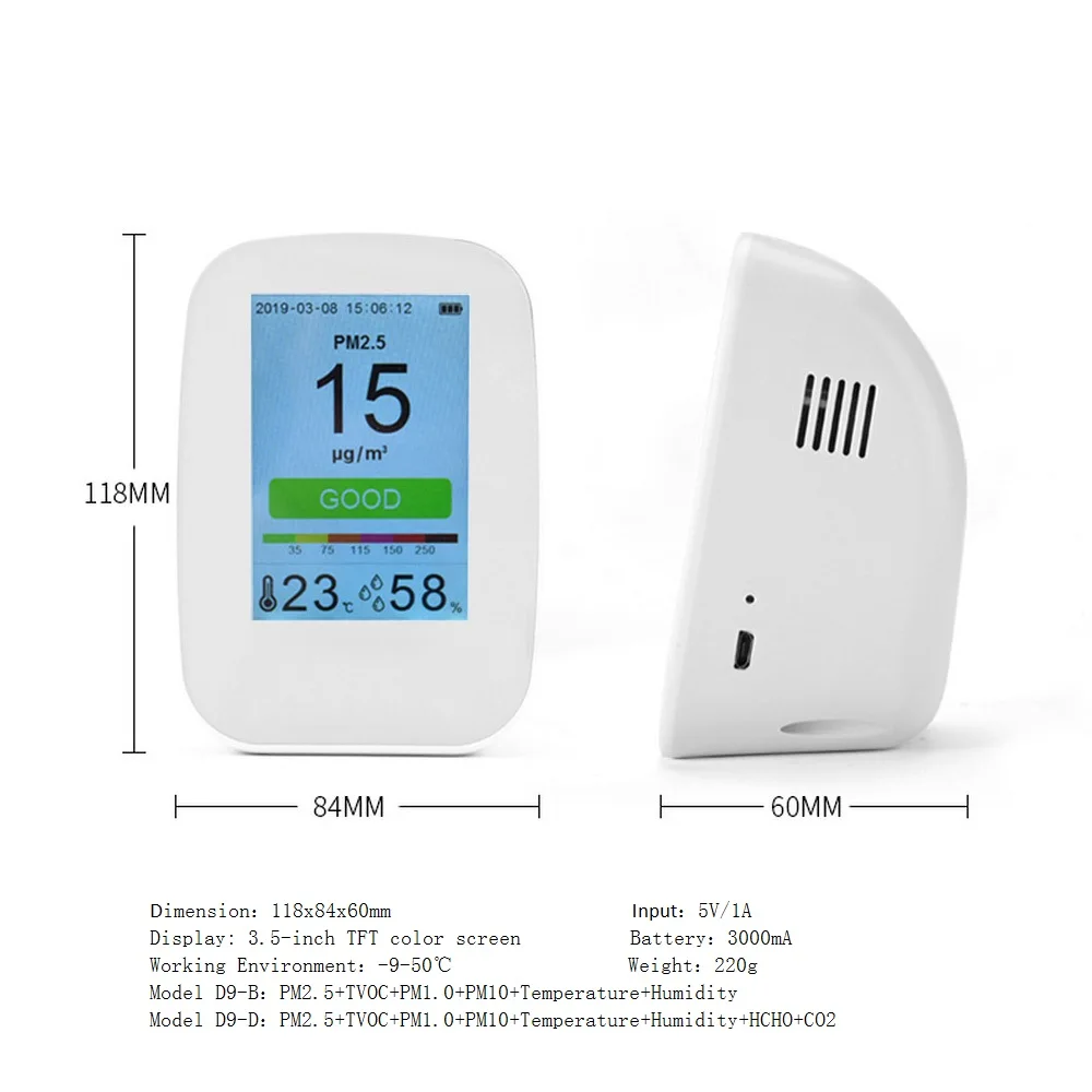 CO2 HCHO PM2.5 детектор TVOC Многофункциональный формальдед углекислого газа PM 2 5 тестер