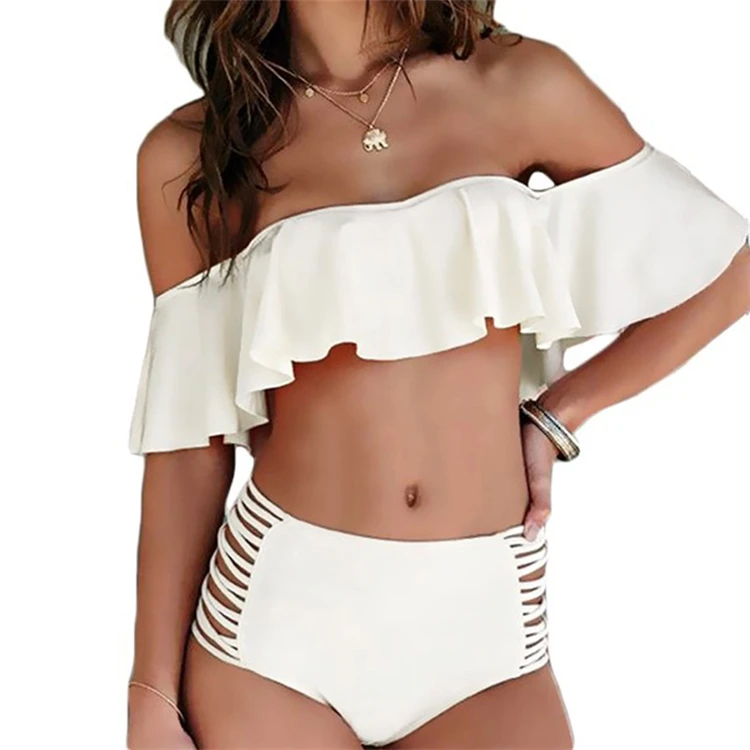 Pink Off Shoulder Bikinis Mujer Bandeau High Waist Bikini Set Swimwear Women Padded Swimsuit Ruffle Female Beachwear 2018 Biquin