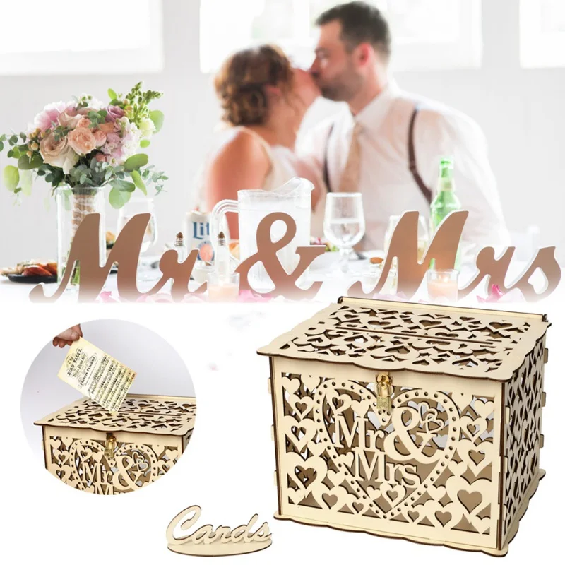 DIY деревянная коробка для свадебного подарка денежный ящик блок Свадебные украшения День рождения поставки полый коробка свадебных приглашений