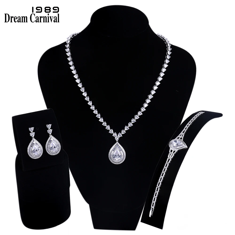 

DreamCarnival 1989 Big Drop Pendant White Cubic Zircon AAA Quality Wedding Bride 3 pieces Luxury Jewelry Set for Women SNS02328