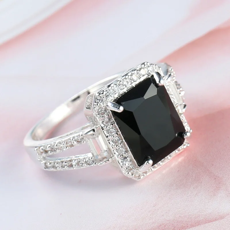 Классическое серебряное обручальное кольцо AAAA с черным ониксом и кубическим цирконием, очаровательные свадебные кольца с кристаллами для женщин, вечерние ювелирные изделия