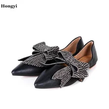 Новое поступление дешевой цене из искусственной кожи с острым носком обувь на плоской подошве Для женщин Удобные большой бантом Туфли без каблуков с бантом со стразами повседневная обувь