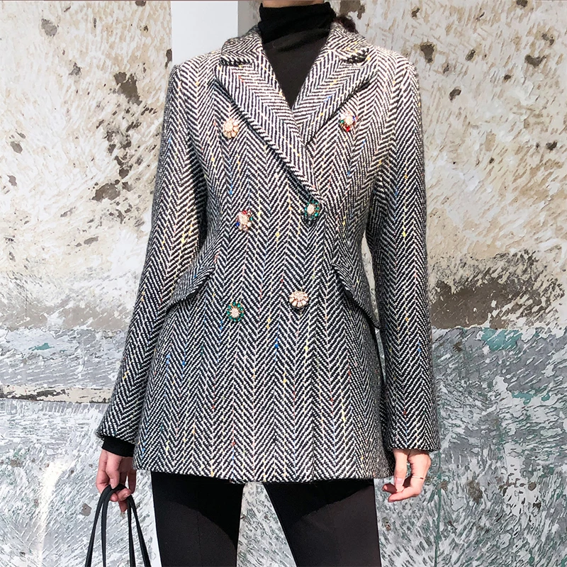 

Fashion double breasted Herringbone pattern blazer Suit women Long sleeve slim OL blazer Casual jacket blazer Office lady Coat