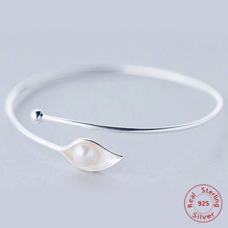 

100% 925 Sterling Silver Shell Beads Calla Flower Bracelet Bangle For Women Simple Fashion Party Jewelry