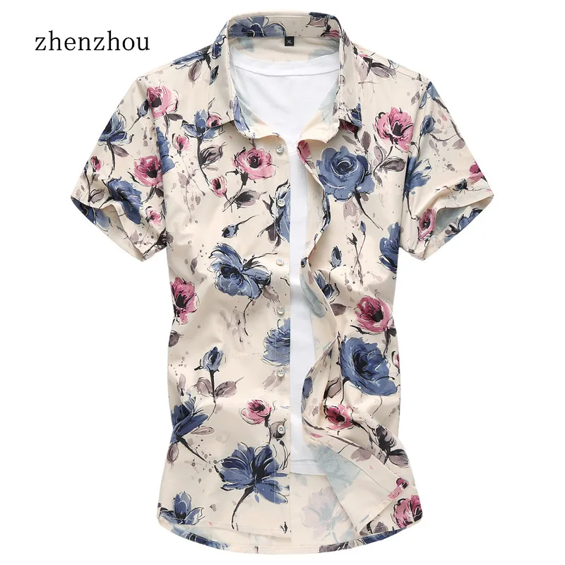 ZhenZhou 2018 лето новый цветочный принт мужские рубашки с коротким рукавом мужская одежда Social Slim Fit Повседневная рубашка с короткими рукавами
