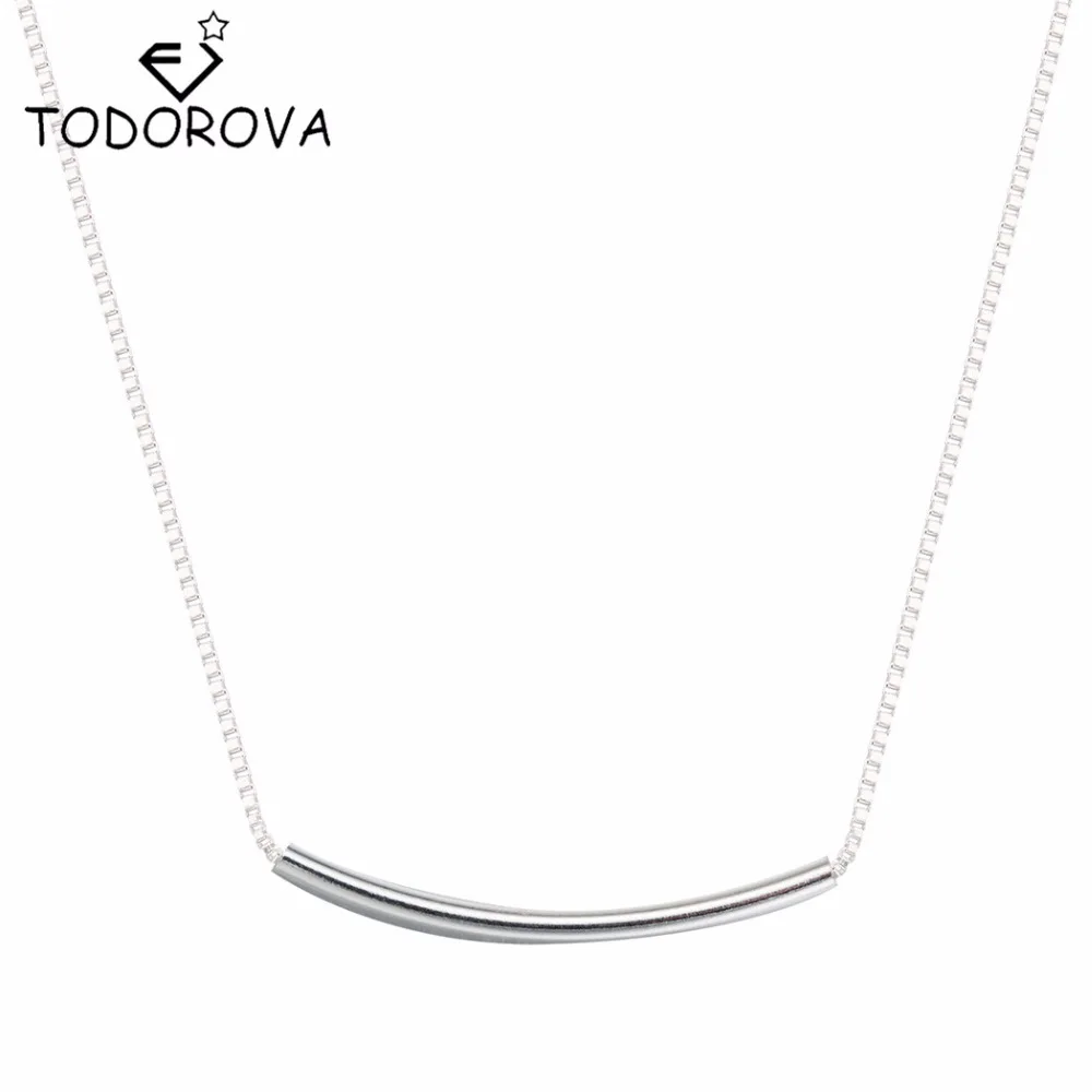 

Todorova Simple Style Pure 925 Sterling Silver Chic Curved Bar Pendant Chain Necklaces for Women Statement Jewelry Lover's Gift