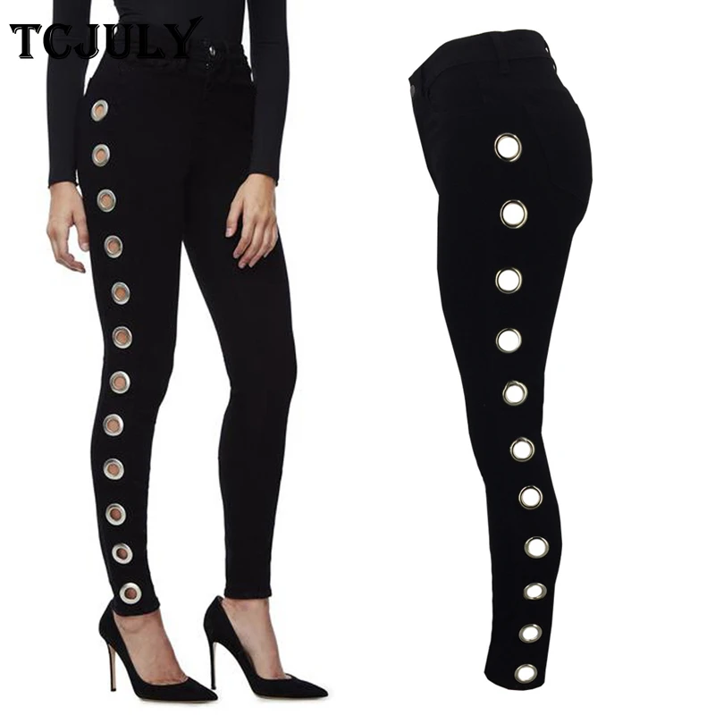 

TCJULY Stylish Single Row Chick Eye Buckle Design Black Jeans Skinny Push Up Denim Trousers For Women High Waist Stretch Cowboys