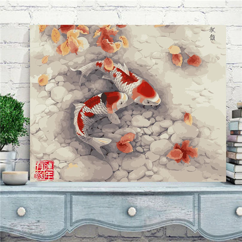 

Rolled packing frameless 40*50cm hand printed canvas painting Autumn fish modular pictures coloring by numbers wall art H19