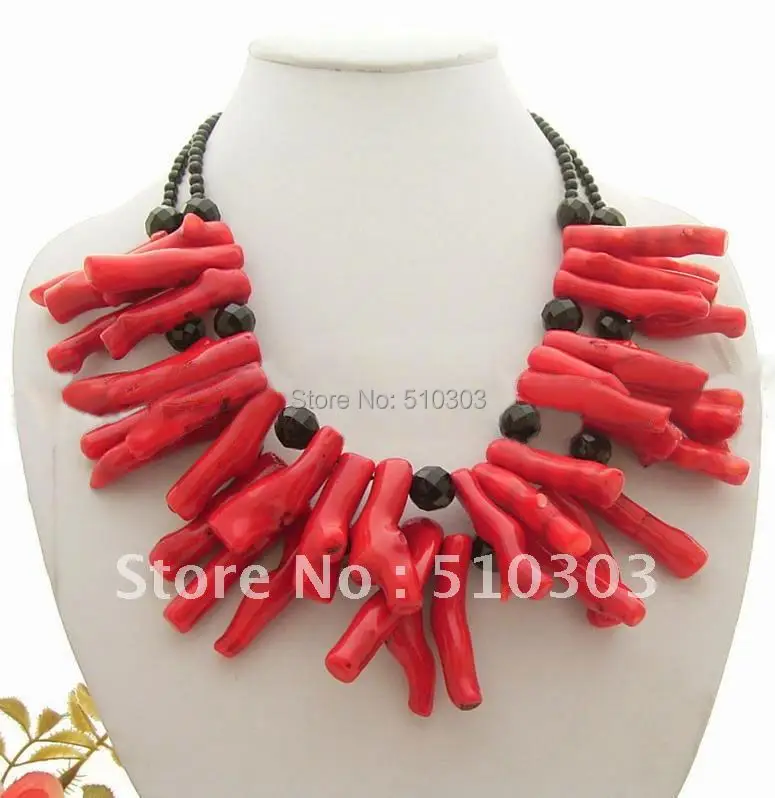 

Charming! 2 Strands Red Coral&Onyx Necklace