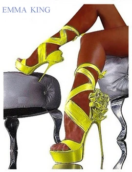 

Sexy Women Pumps Platform Sandals Silk Flowers Design Ultra Thin High Heels Sandalias Mujer Summer Nightclub Party Shoes Woman