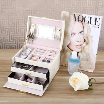 

Multi-Layer Jewelry Box With Mirror Earrings Ring Storage Box Leather Large-Capacity Jewelry Organizer Case Container
