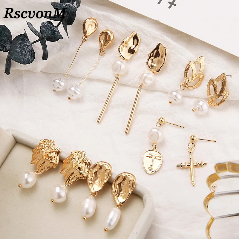 

RscvonM New Design Matte Metal Gold Asymmetric Cross Heart Geometric Irregular Natural Freshwater Pearl Stud Earrings for Women