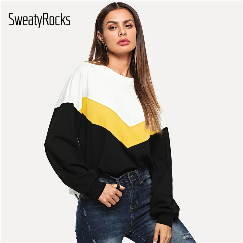 SweatyRocks Athleisure Cut And Sew цветной пуловер с длинным рукавом Топы Новая Осенняя женская одежда повседневные толстовки