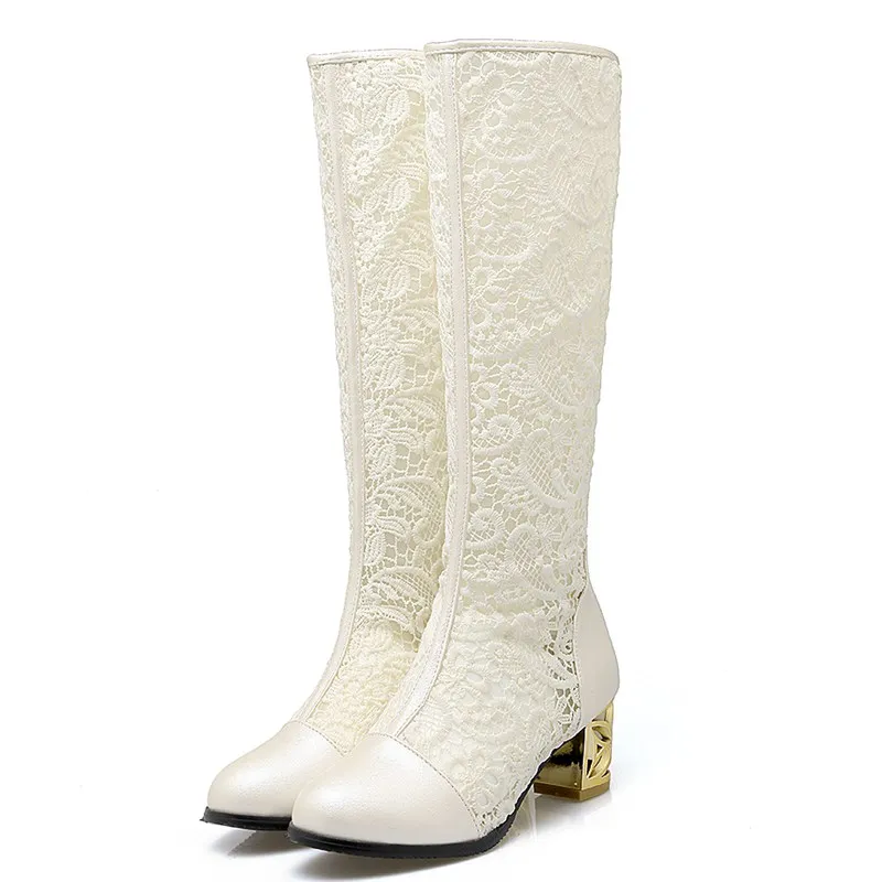 ORCHA LISA/ г., весенне-летние сапоги женские сапоги до колена на среднем каблуке женские сапоги на шнуровке с цветочным узором пикантные белые сапоги на молнии с блестками - Цвет: Beige