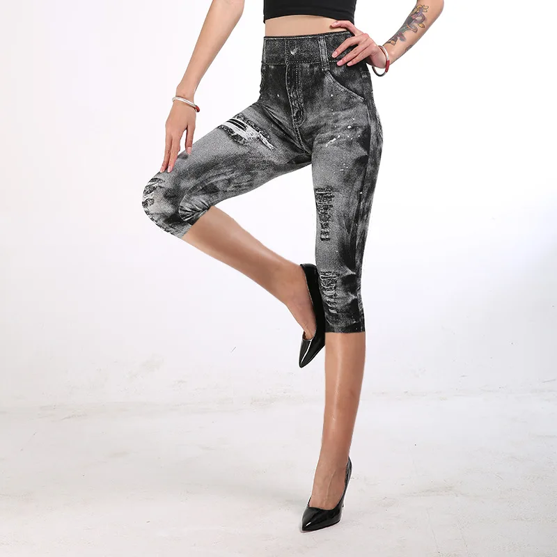 INITIALDREAM New Imitation cowboy Print Women Leggings High Waist Slim Elastic Capri Pants Mid-Calf Fitness Legging Calzas Mujer INITIALDREAM New Imitation cowboy Print Women Leggings High Waist Slim Elastic Capri Pants Mid-Calf Fitness Legging Calzas Mujer