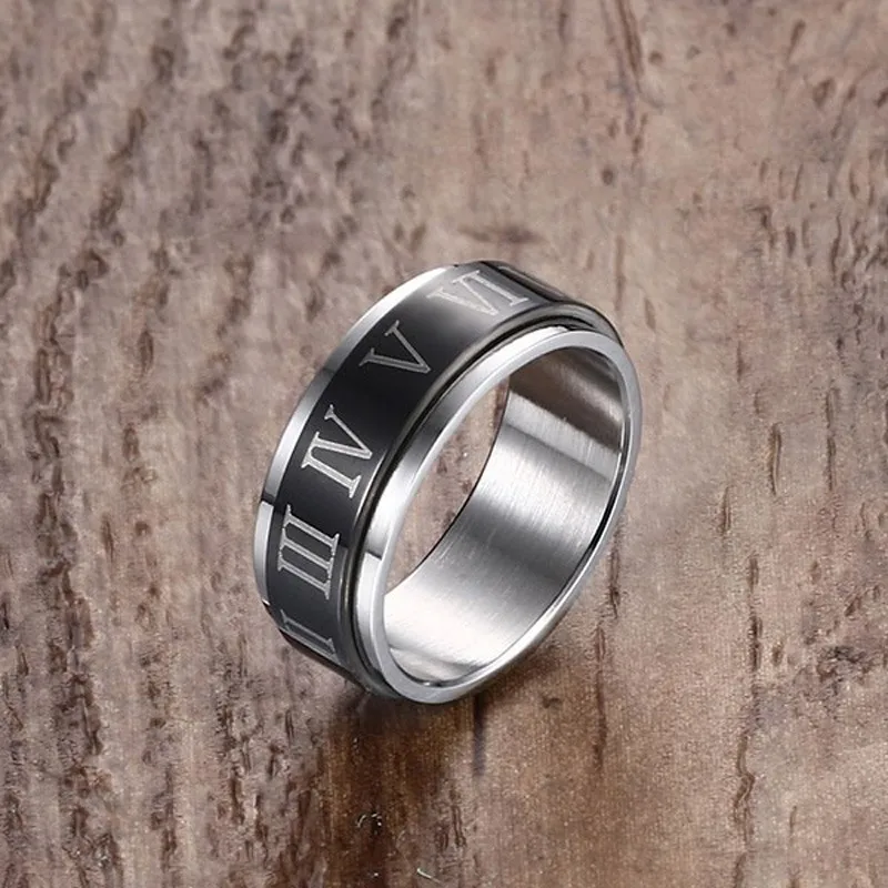 Mens Rings Stainless Steel Black Roman Numerals Spinner Wedding Band