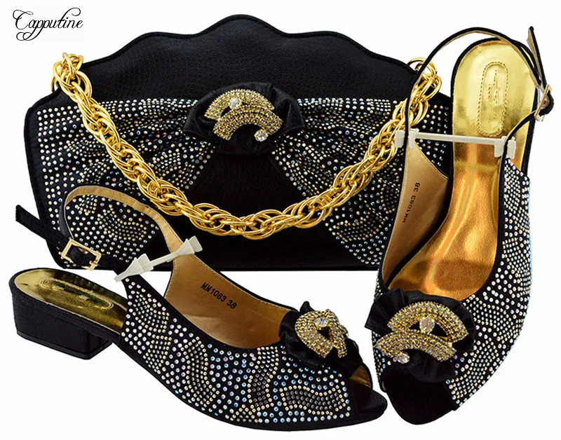 

New coming black African medium heel sandal shoes with handbag set for lady MM1083 heel height 3.5cm