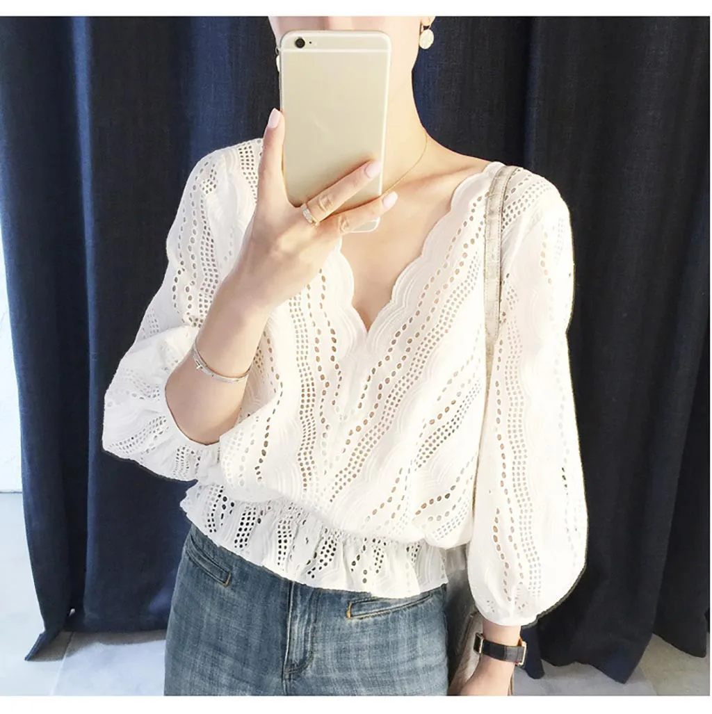 

Women's new special custom waist V-neck water soluble embroidery solid color pullover lace top Haut en dentelle 40*