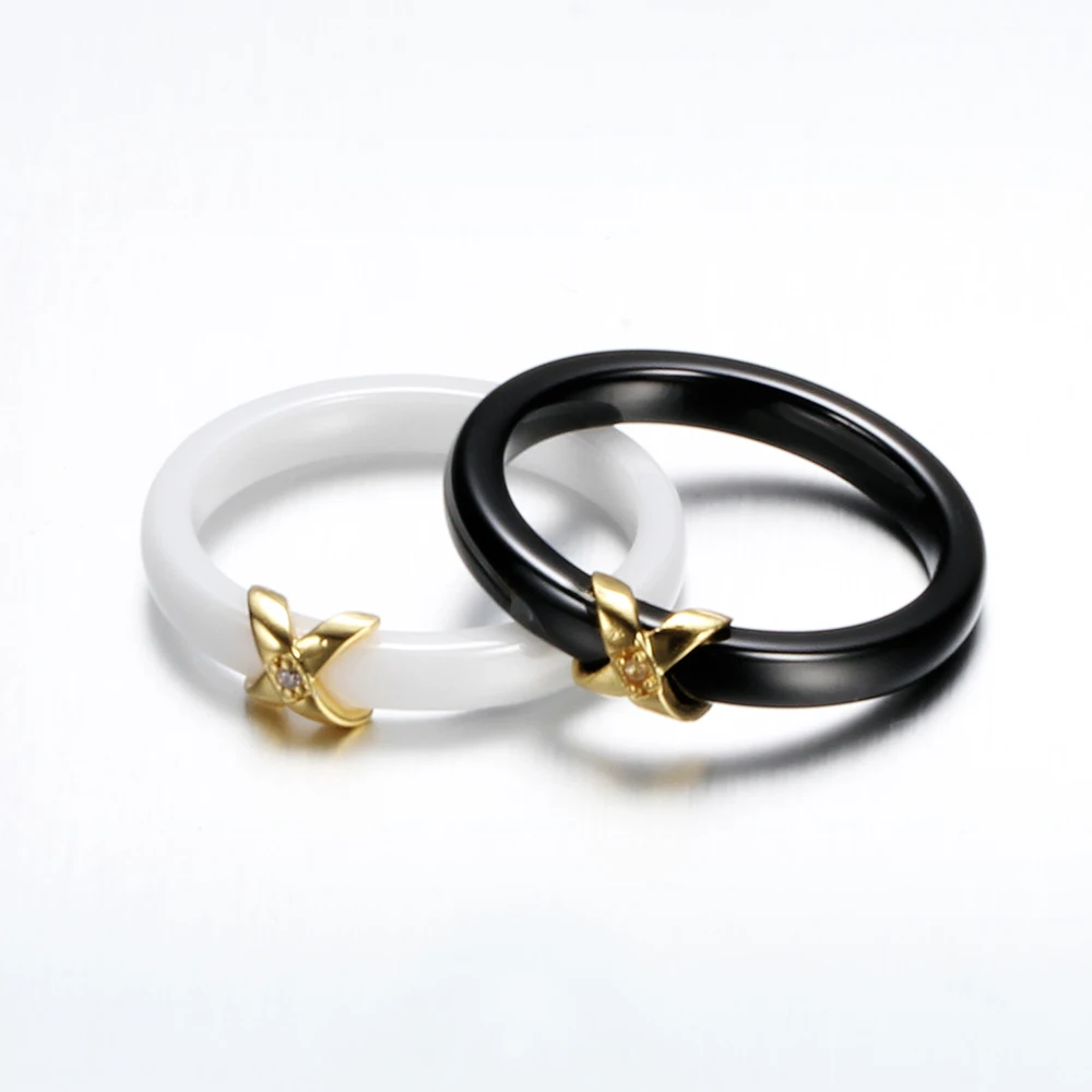 Gold Color Women's CZ Crystal White Ceramic Wedding Rings Fashion Jewelry