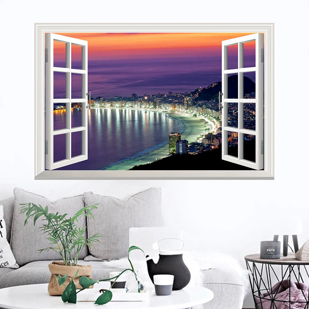

3D Removable Beach Sea 3D Window Scenery Wall Sticker Home Decor Decals Mural Waterproof Art Wall Paper Poster Free Shipping