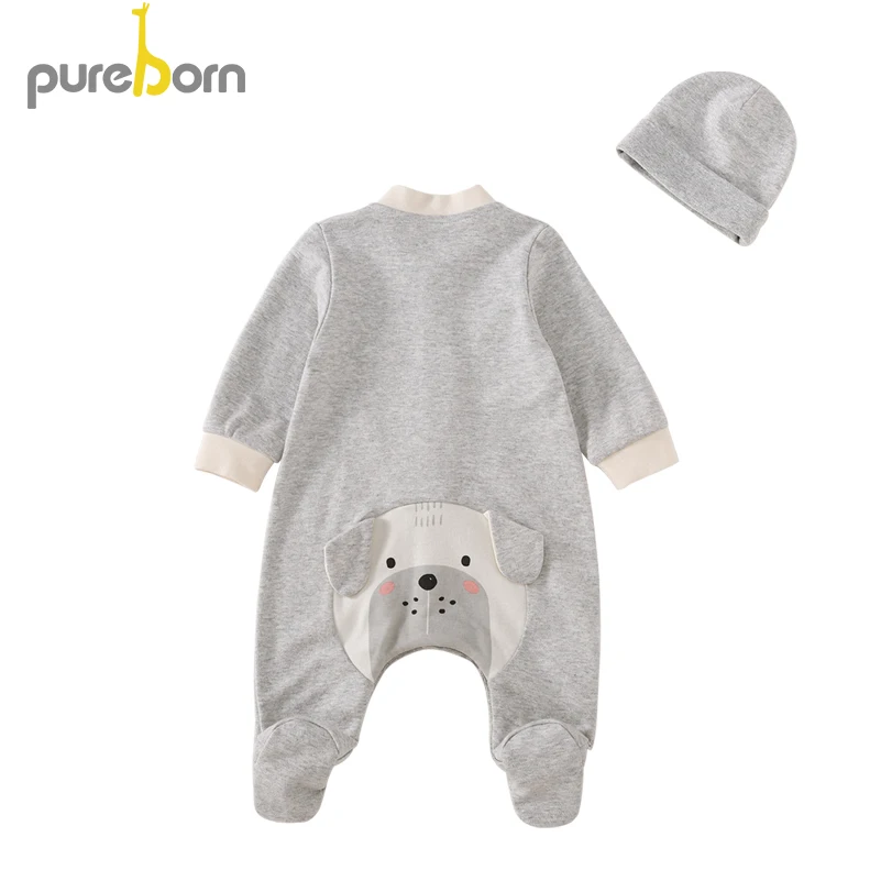 grey footies and hat Ползунки для новорожденных+ шапочка; комплект из 2 предметов для маленьких девочек и мальчиков; хлопковые комбинезоны с рисунками животных для малышей; одежда с длинными рукавами; Пижама - Цвет: grey footies and hat