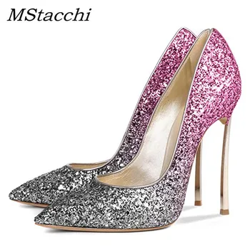 

MStacchi 2019 Springtime Metal High Heel Shoes Woman Pointed Toe Sequins Shallow Mouth Thin Heel Pumps Women Fashion Party Shoes