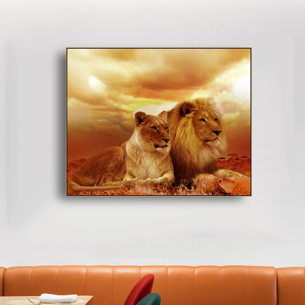 

Laeacco Canvas Painting Calligraphy xLion Family Vintage Posters and Prints Retro Animal Wall Art Home Decor Bedroom Decoration