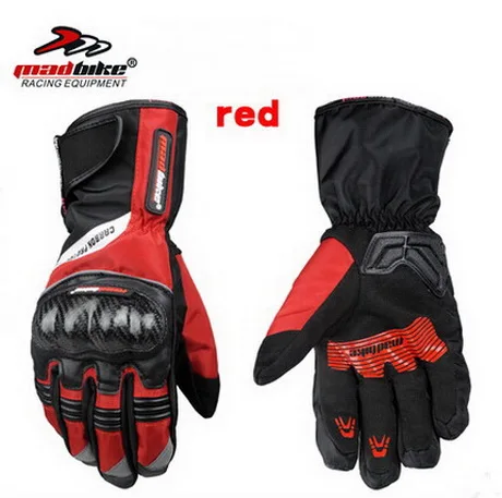 Новинка MADBIKE полный палец мотоцикл Перчатки зимние теплые кожаные Водонепроницаемый брезент углеродное волокно мотогонщиков перчатка MAD-19 - Цвет: Красный