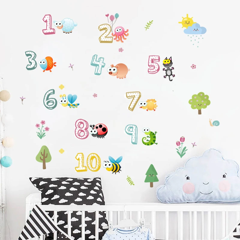 

3D numbers wall stickers for kids rooms removable cartoon animal alphabet nursery wall decals adhesive living room wall pictures