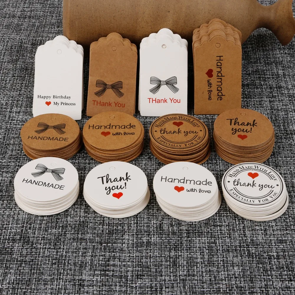 

100Pcs Kraft Paper Multi-style Packaging Hang Tags Wedding/Birthday Party Candy Boxes Price Tags for Flower/Cosmetics Labels