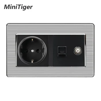 

Minitiger EU Standard Wall Socket+Female TV Jack With Internet Computer Data RJ45 CAT5E Connector Stainless Steel Brushed Panel