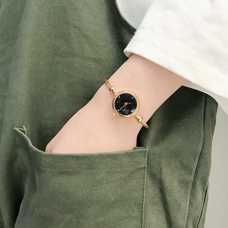 

JS Women Quartz Wristwatch Retro Simple Small Bracelet Watch Star-sky Dial No Buckle Watches Lady Female Watch Reloj Mujer