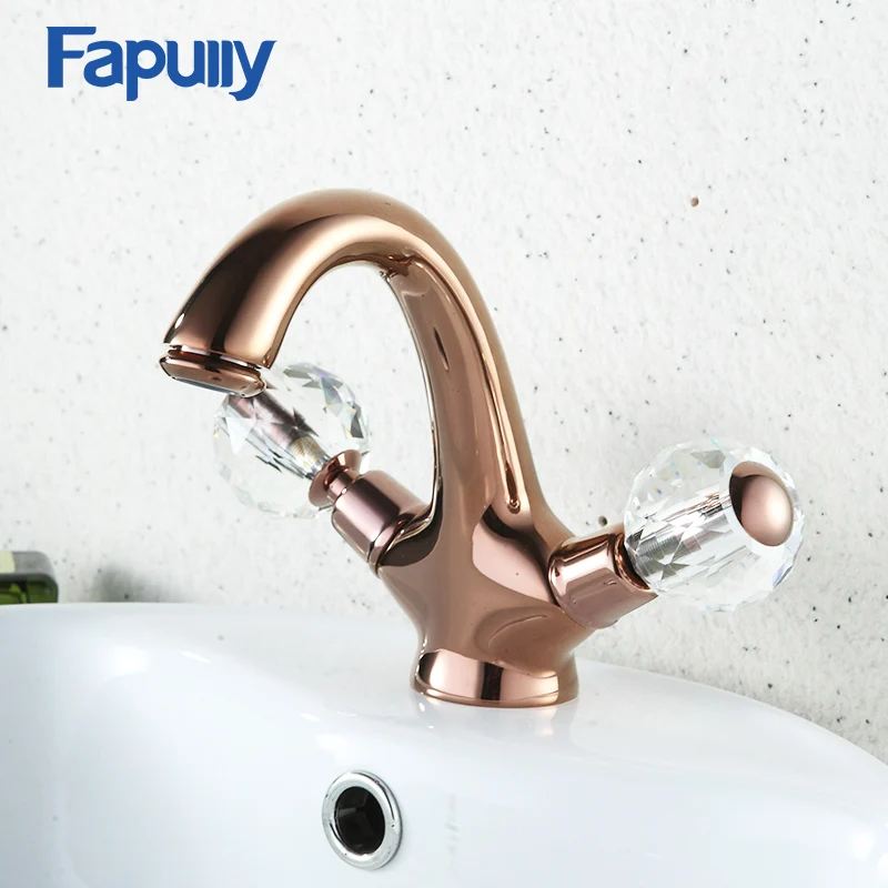 

Fapully Rose Gold Bathroom Faucet Dual Handle Vessel Sink Crystal Decoration Mixer Tap Single Hole Hot And Cold Water 570-11R