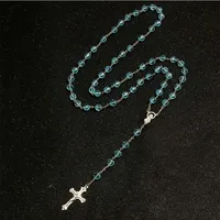 Collier chapelet à la mode pour femmes, 8mm, haute qualité, bricolage, croix de jésus chrétienne, pendentif, longue chaîne, bijoux 4