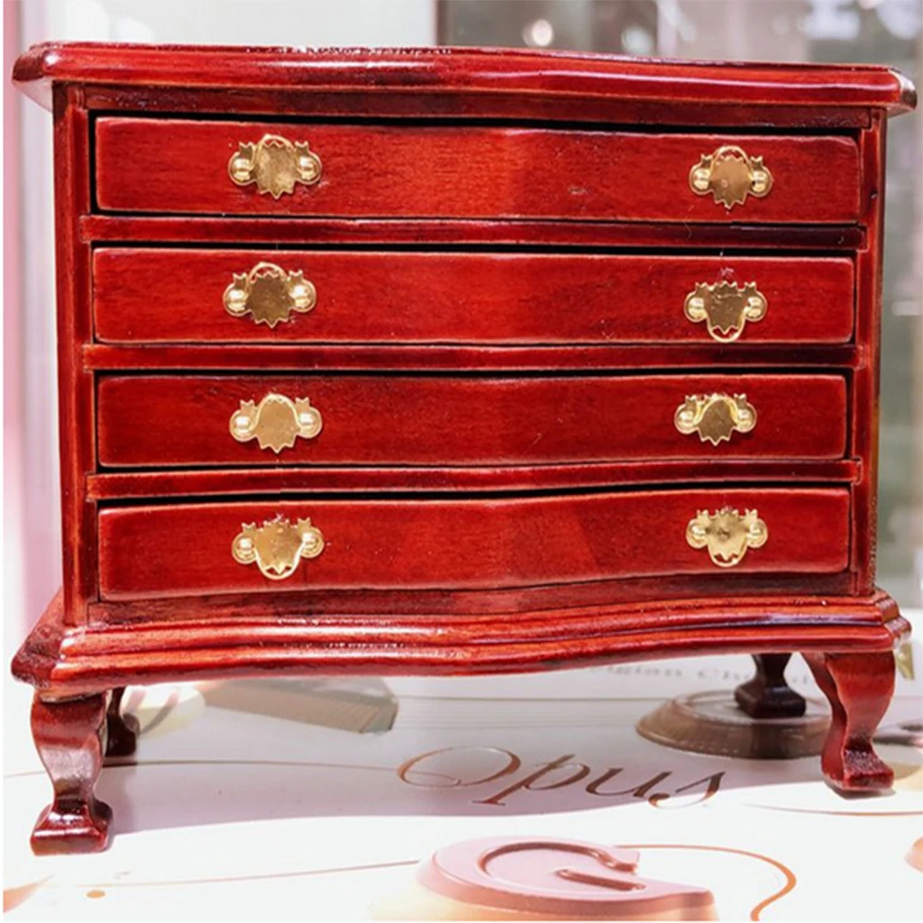 2 Set European Mini 4-Drawer Cabinet Dresser 1/12 Dollhouse Miniature Bedroom Living Room Furniture Decor