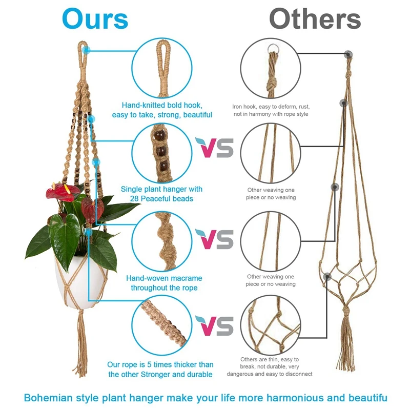 4 шт. Подвеска для растений из макраме, подвесной, для помещений и улицы плантатор сетчатая корзина Хлопок Веревка с бусинами для суккулентов, кактусов, трав, маленьких