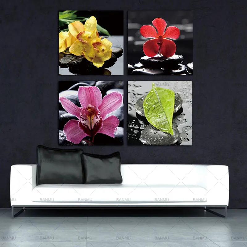 

BANMU Zen Basalt Canvas Wall Art Set of 4 Orchid Flower Canvas Prints for Home Decoration Peaceful Zen Flower in Stone Wall Art