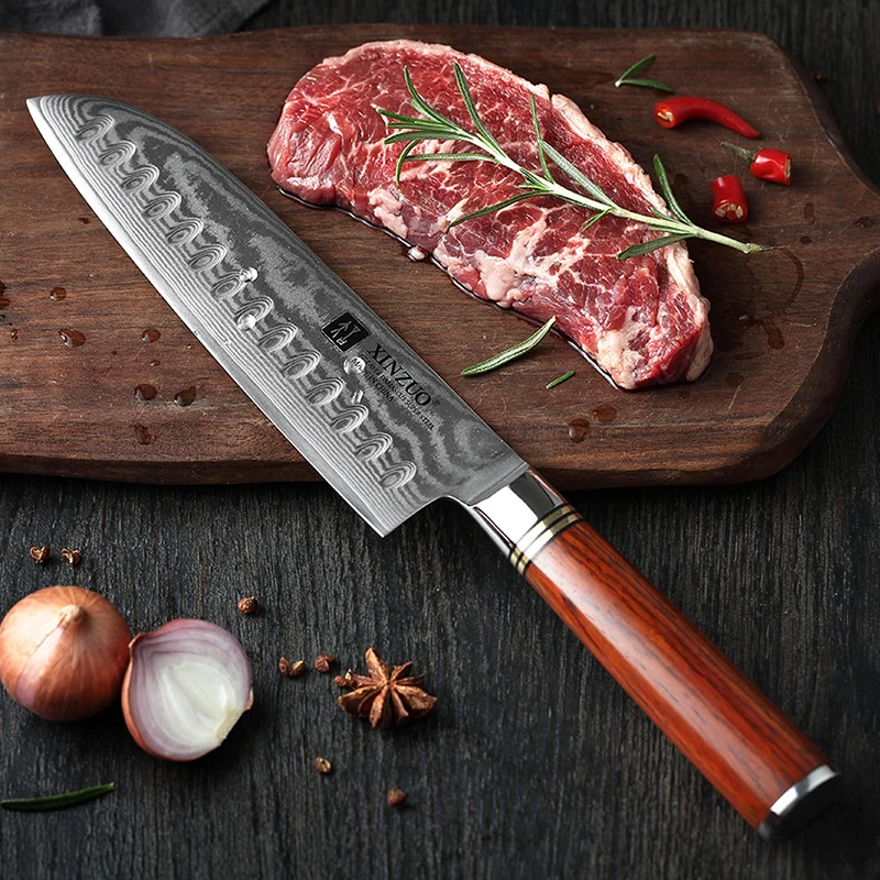 

XINZUO 7'' inches Japanese Style Chef Knives Damascus Stainless Steel Kitchen Knife Professional Santoku Knife Rosewood Handle
